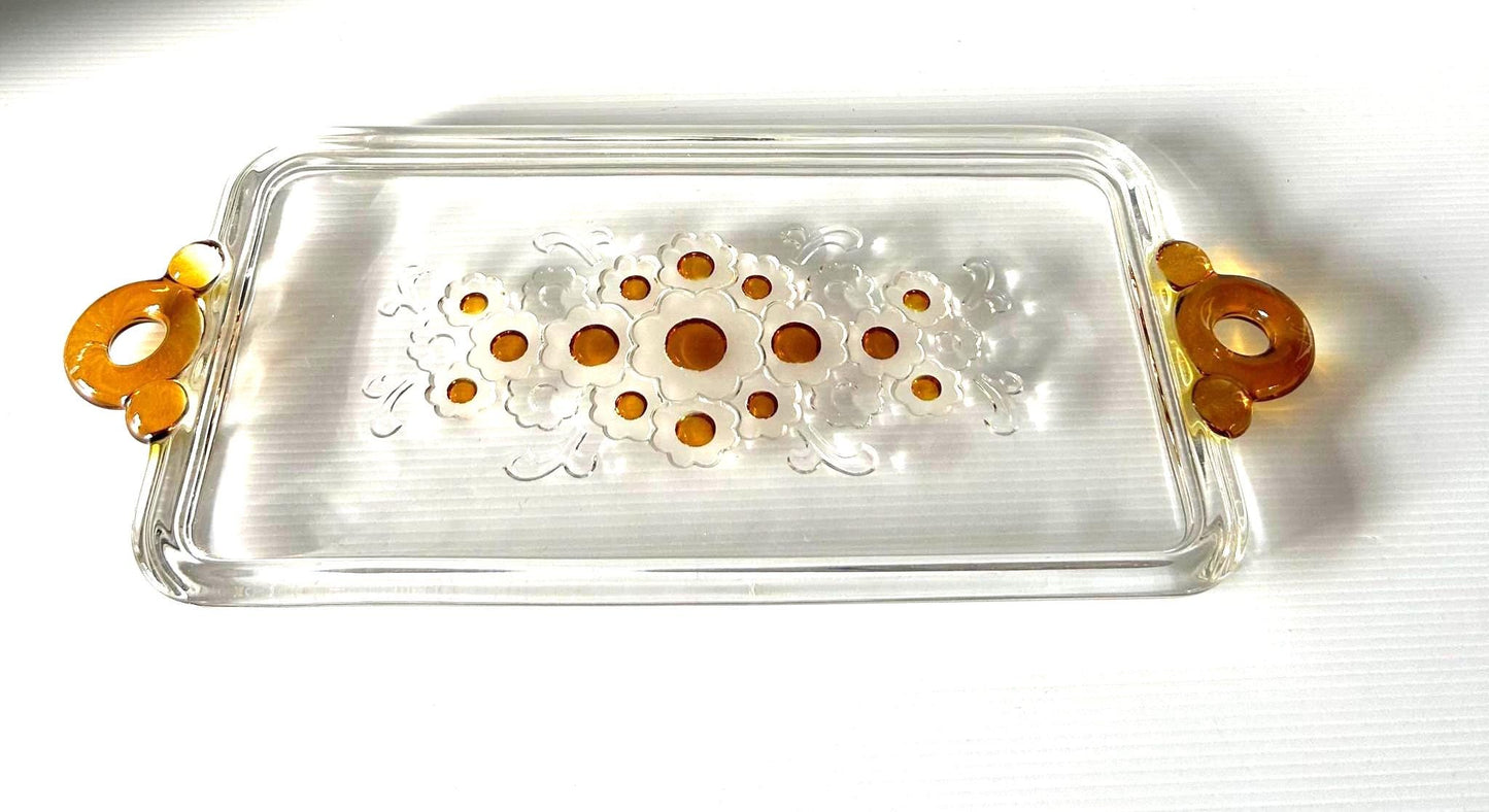 Vintage Walther Glass Serving Tray: Amber Floral Handblown Plate