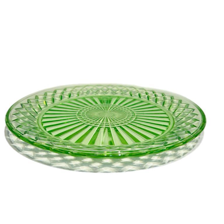 Vintage Depression Green Glass Jug and Plate Set – Starburst Pattern – Small Serving Jug with Matching Round Plate – Art Deco Style