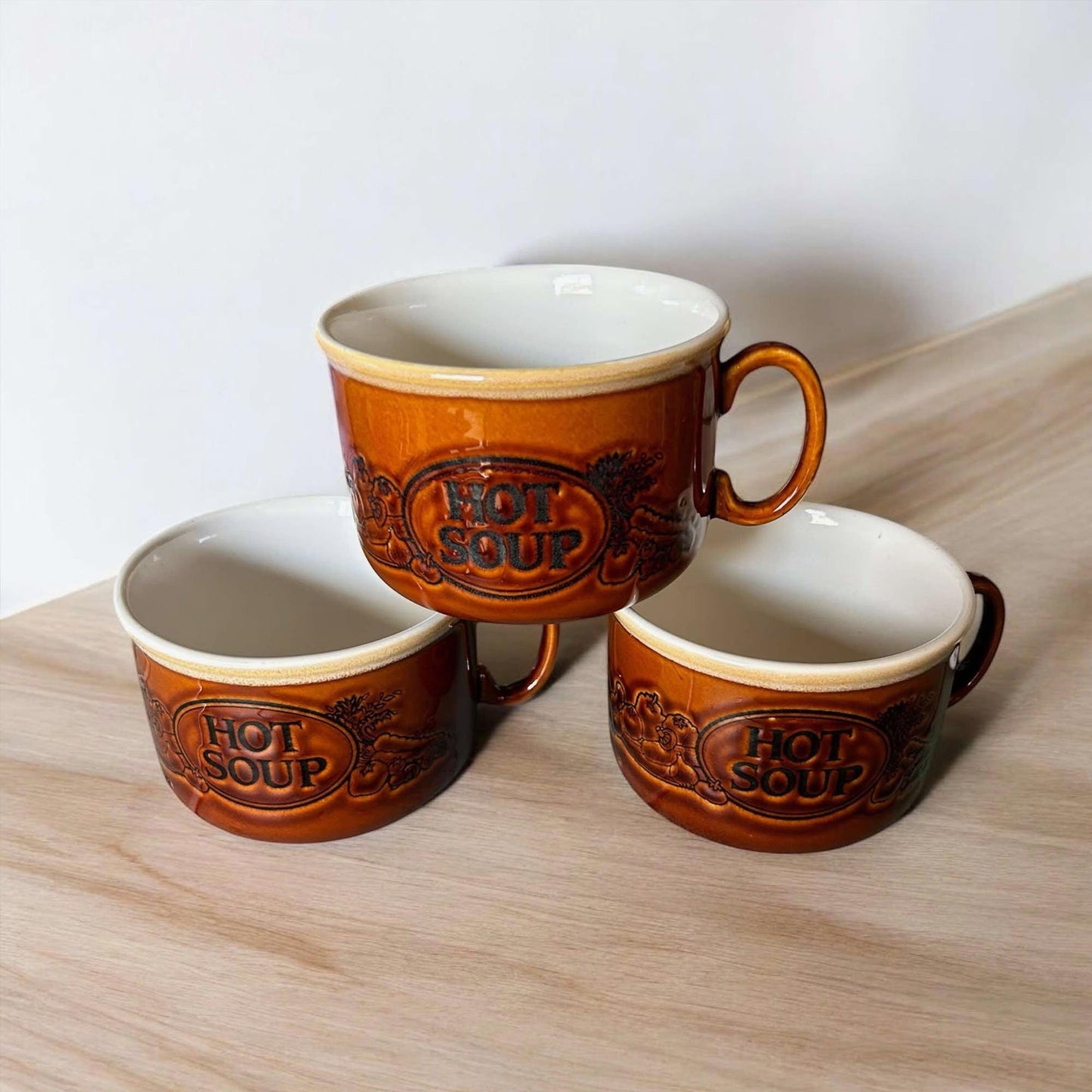 Vintage English Soup Mug: Brown & White Glaze, Vegetable Design