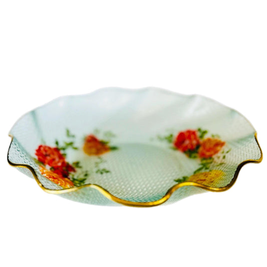 Vintage 1950s Rose Print Glass Bowl: Gold Leaf Scalloped Rim Decor