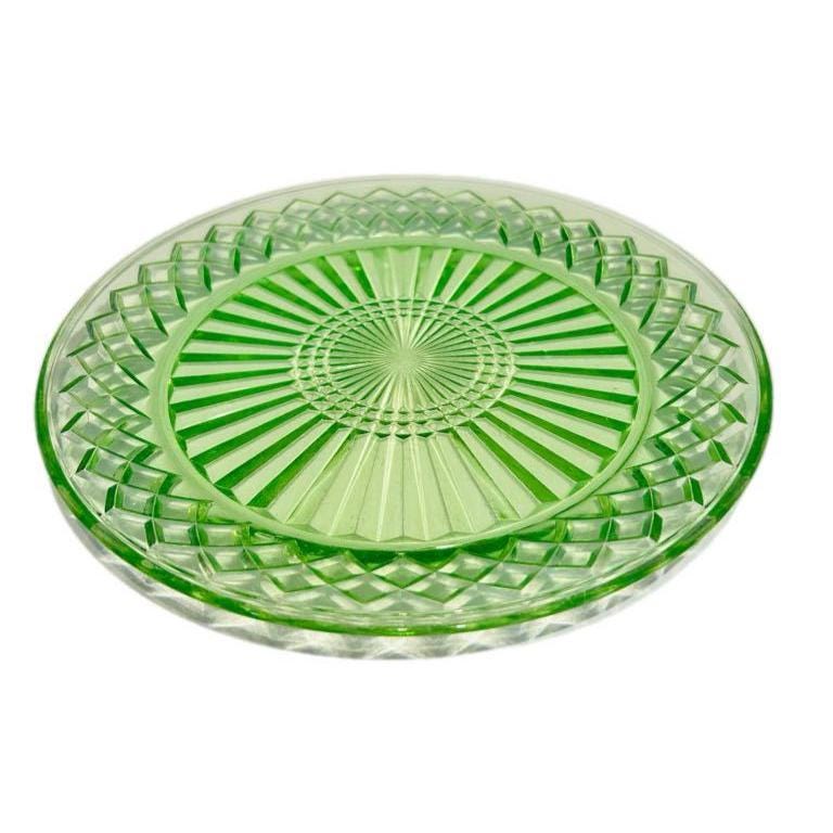 Vintage Depression Green Glass Jug and Plate Set – Starburst Pattern – Small Serving Jug with Matching Round Plate – Art Deco Style
