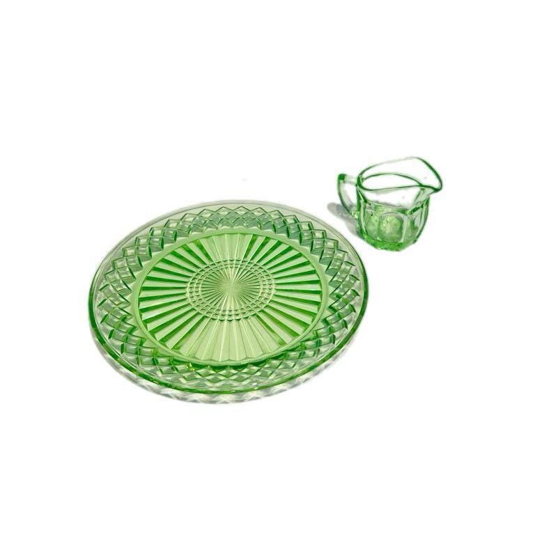 Vintage Depression Green Glass Jug and Plate Set – Starburst Pattern – Small Serving Jug with Matching Round Plate – Art Deco Style