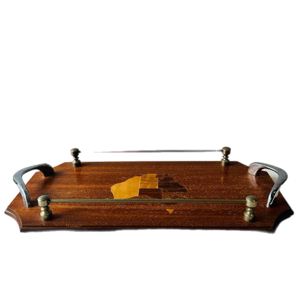 Mid-Century Wooden Tray by Australian Mulga – Vintage Inlaid Map Design, 35x17 cm – Melbourne Made