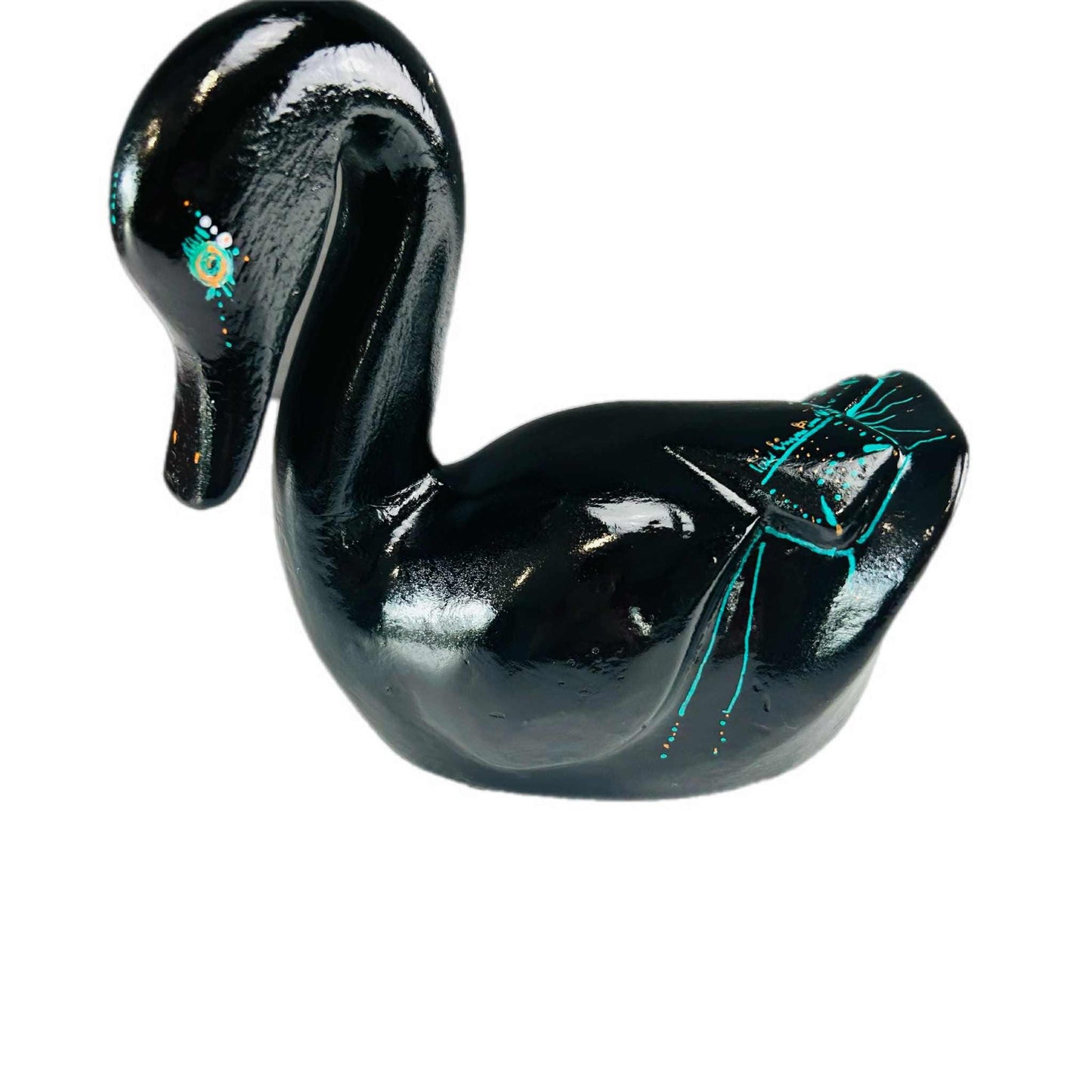 Hand-Painted Black Wooden Swan Sculpture: Coastal Boho Decor
