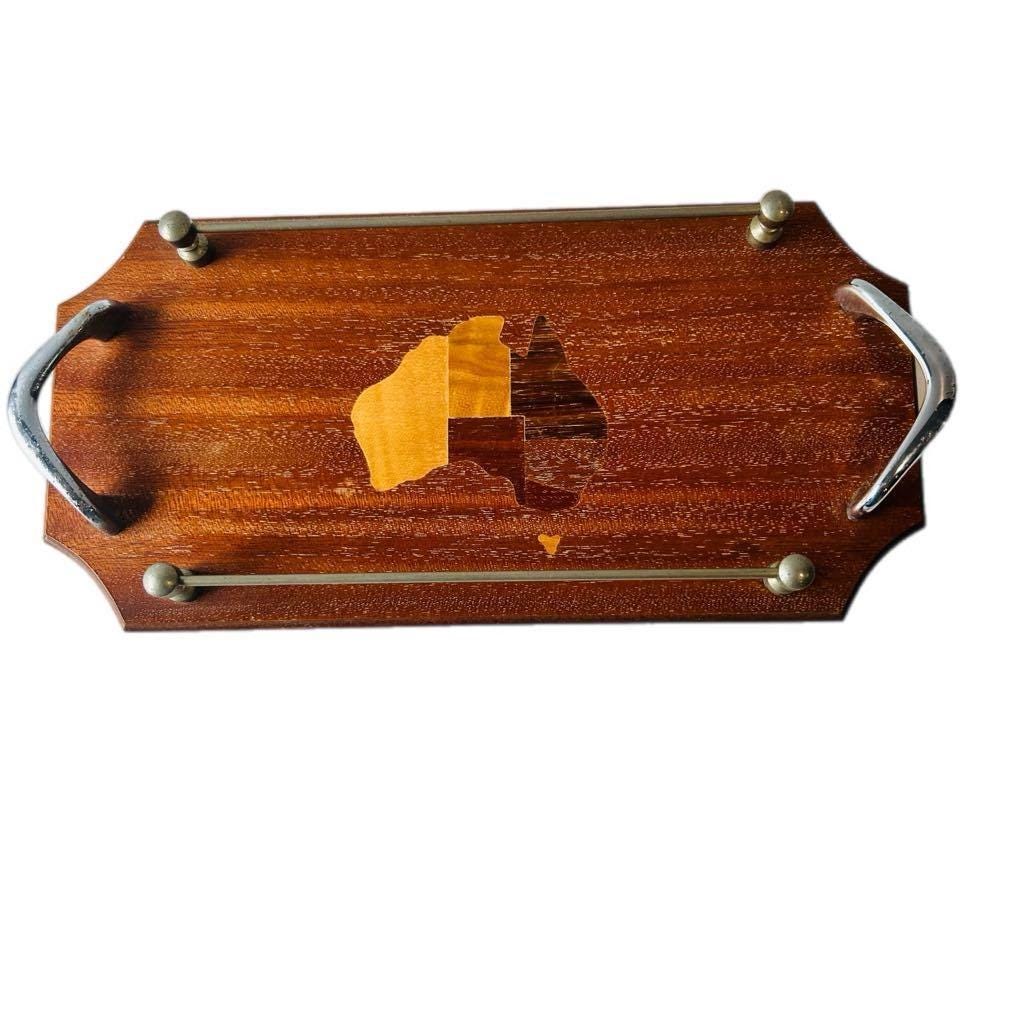 Mid-Century Wooden Tray by Australian Mulga – Vintage Inlaid Map Design, 35x17 cm – Melbourne Made