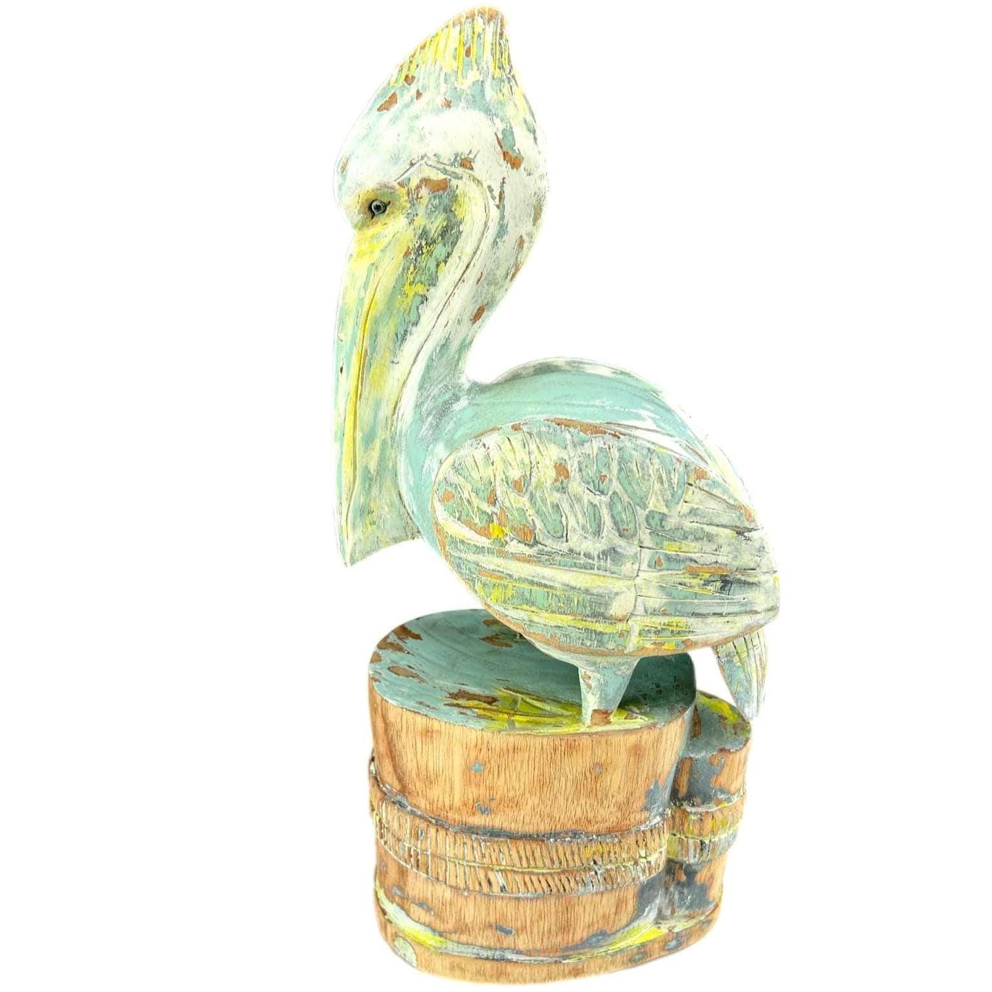 Wooden Pelican Sculpture – Rustic Coastal Decor with Artistic Finish. Hand painted Art Decor.