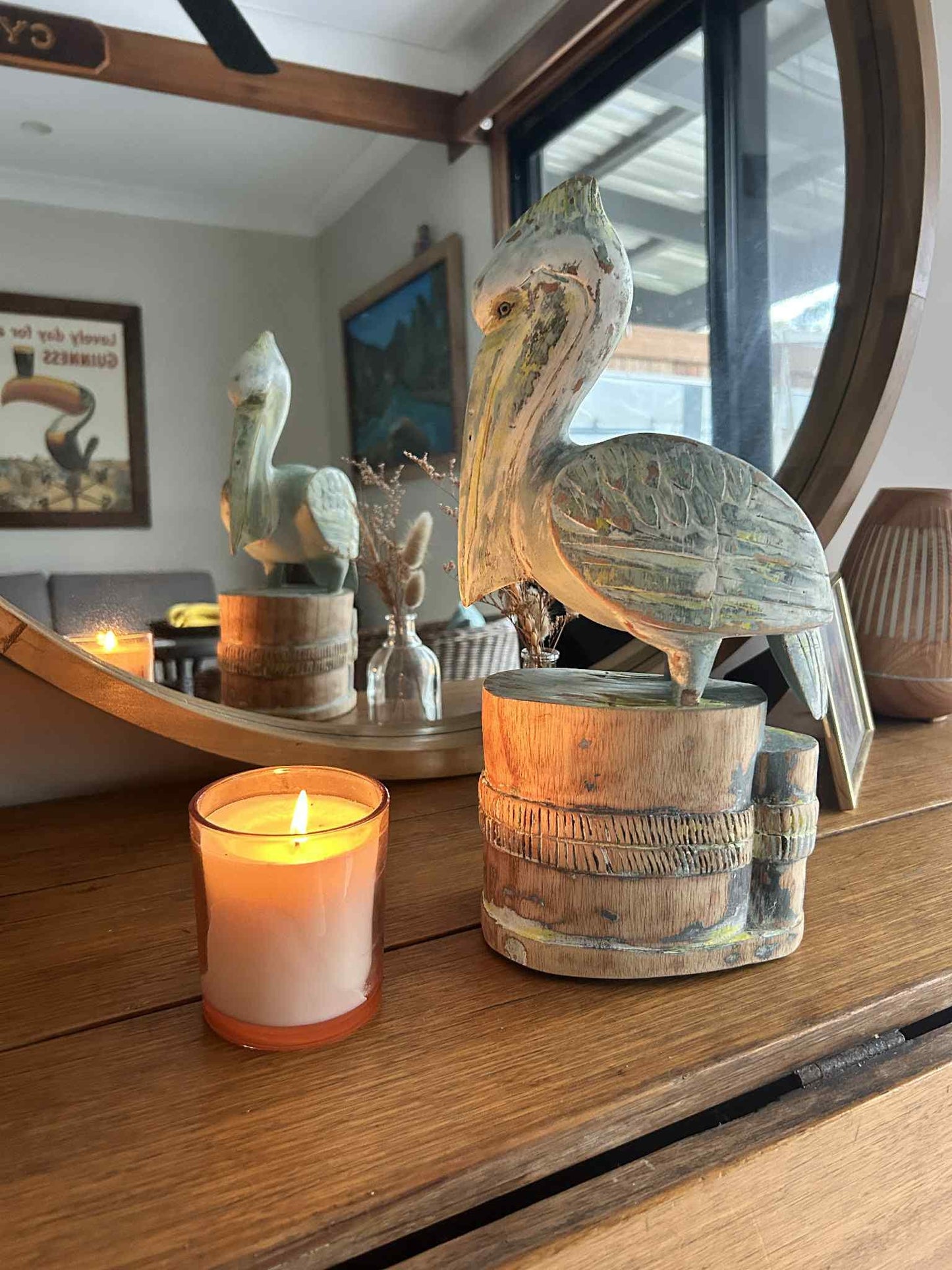 Wooden Pelican Sculpture – Rustic Coastal Decor with Artistic Finish. Hand painted Art Decor.