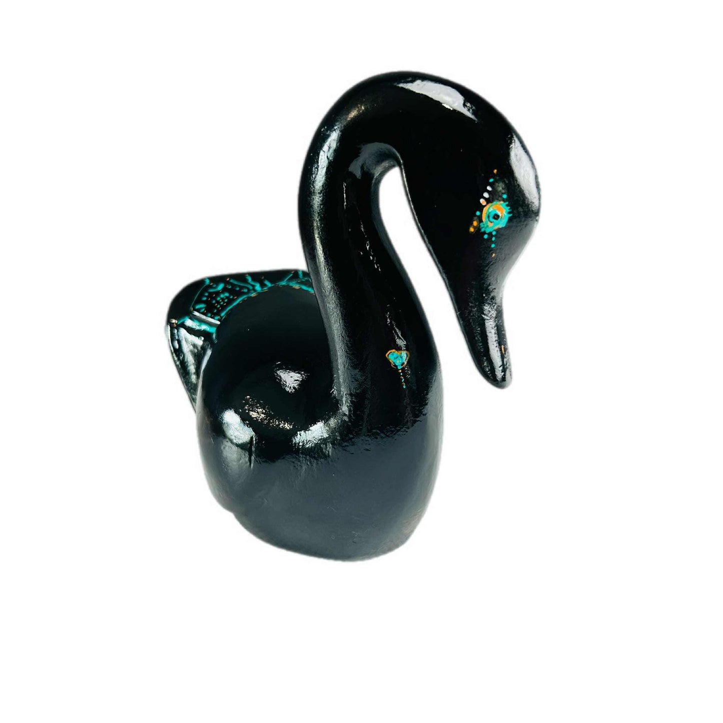 Hand-Painted Black Wooden Swan Sculpture: Coastal Boho Decor