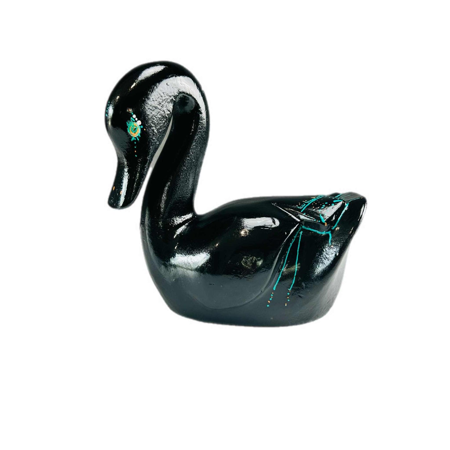 Hand-Painted Black Wooden Swan Sculpture: Coastal Boho Decor
