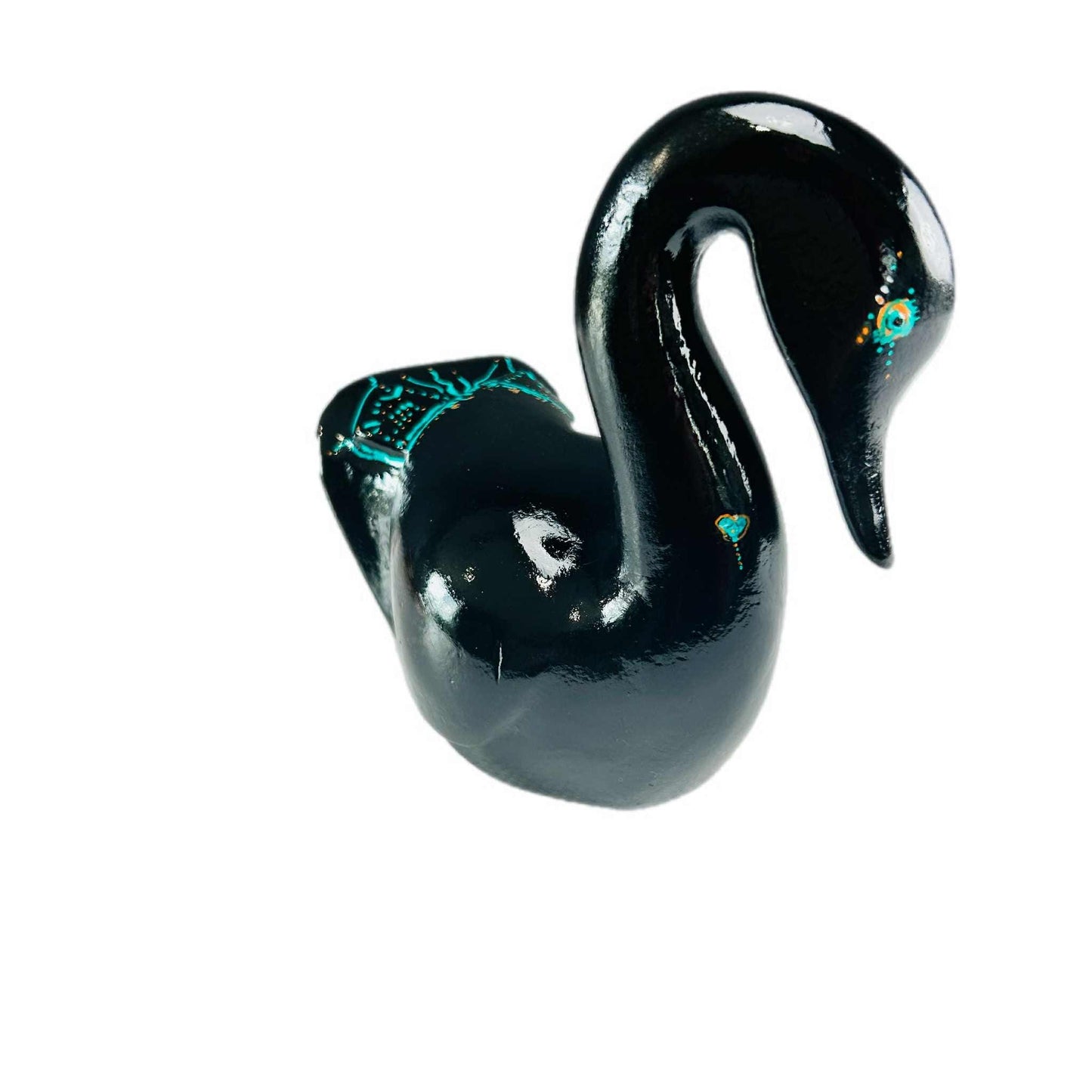 Hand-Painted Black Wooden Swan Sculpture: Coastal Boho Decor