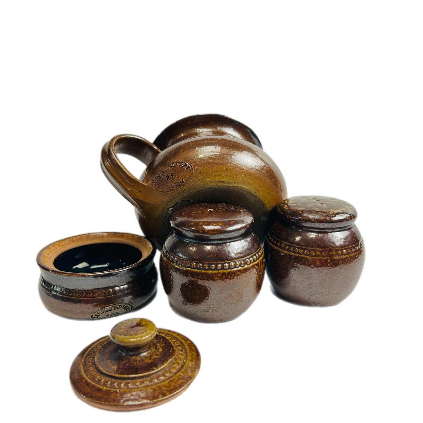 Vintage Bendigo Pottery Table Serving Set: Salt Bowl, Shakers & Gravy Jug