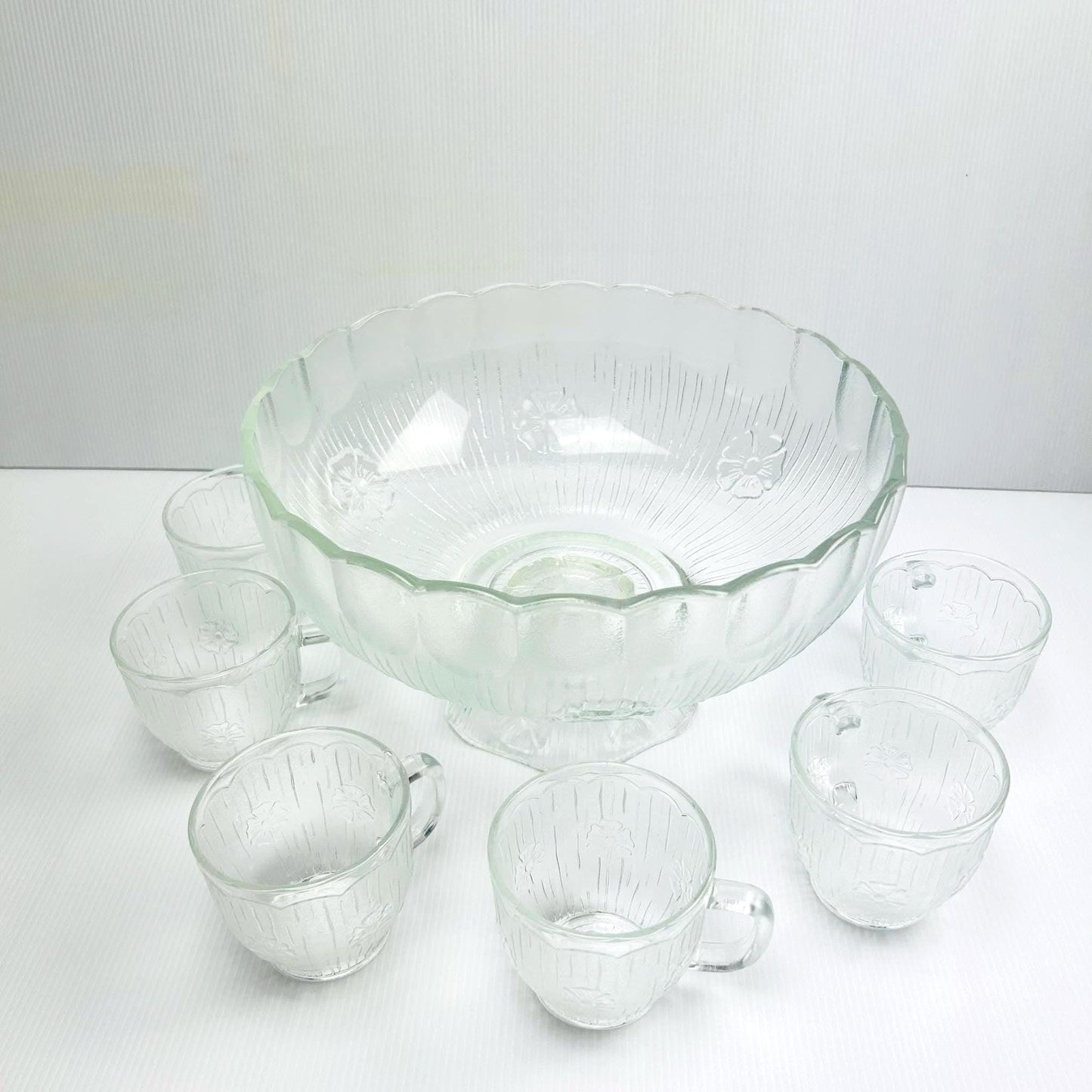 Vintage Italian Glass Punch Bowl Set, A. Masserini Floral Etched, Mid-Century Modern