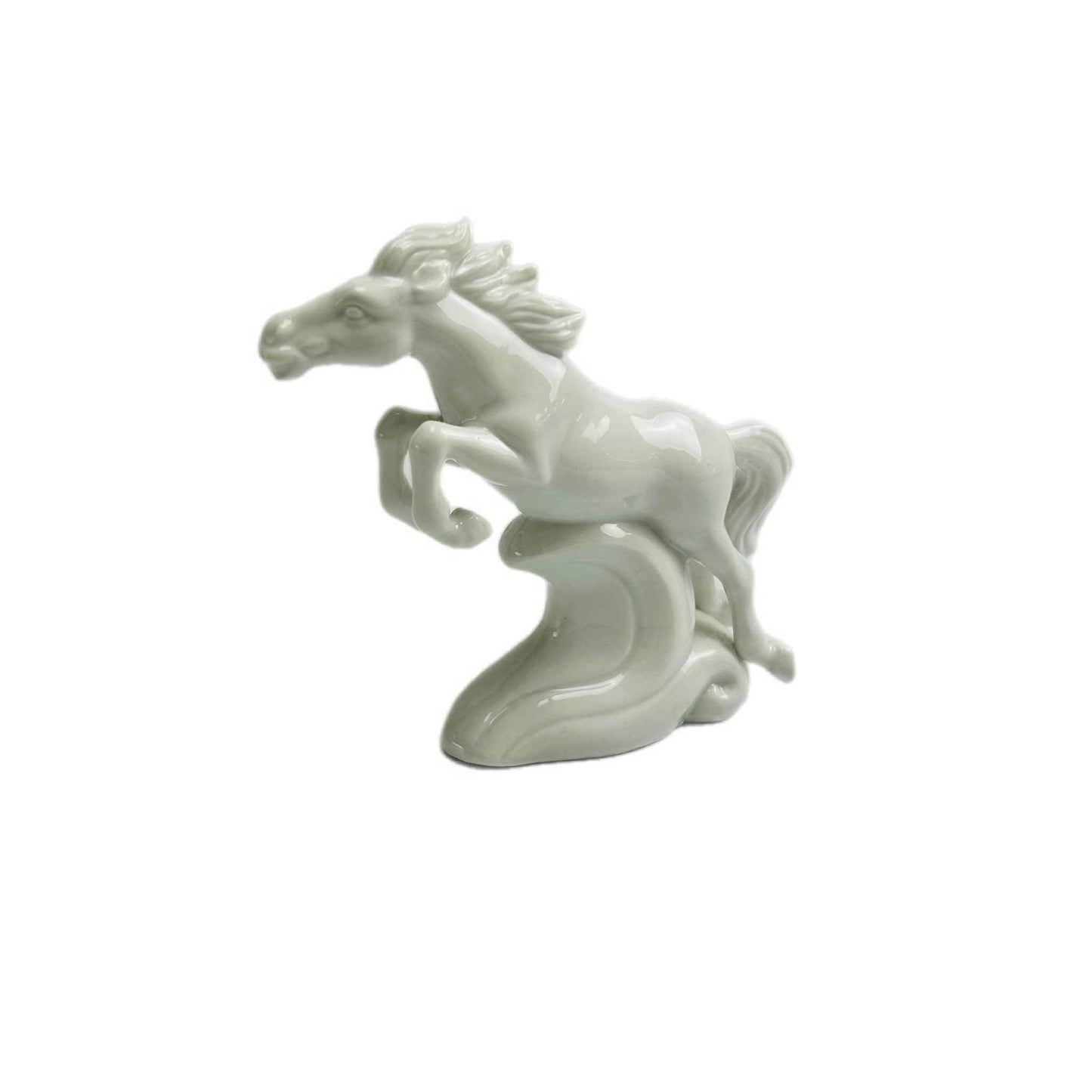 Vintage White Ceramic Horse Figurine – Glossy Glaze Jumping Horse Over Wave – 13 cm Collectible