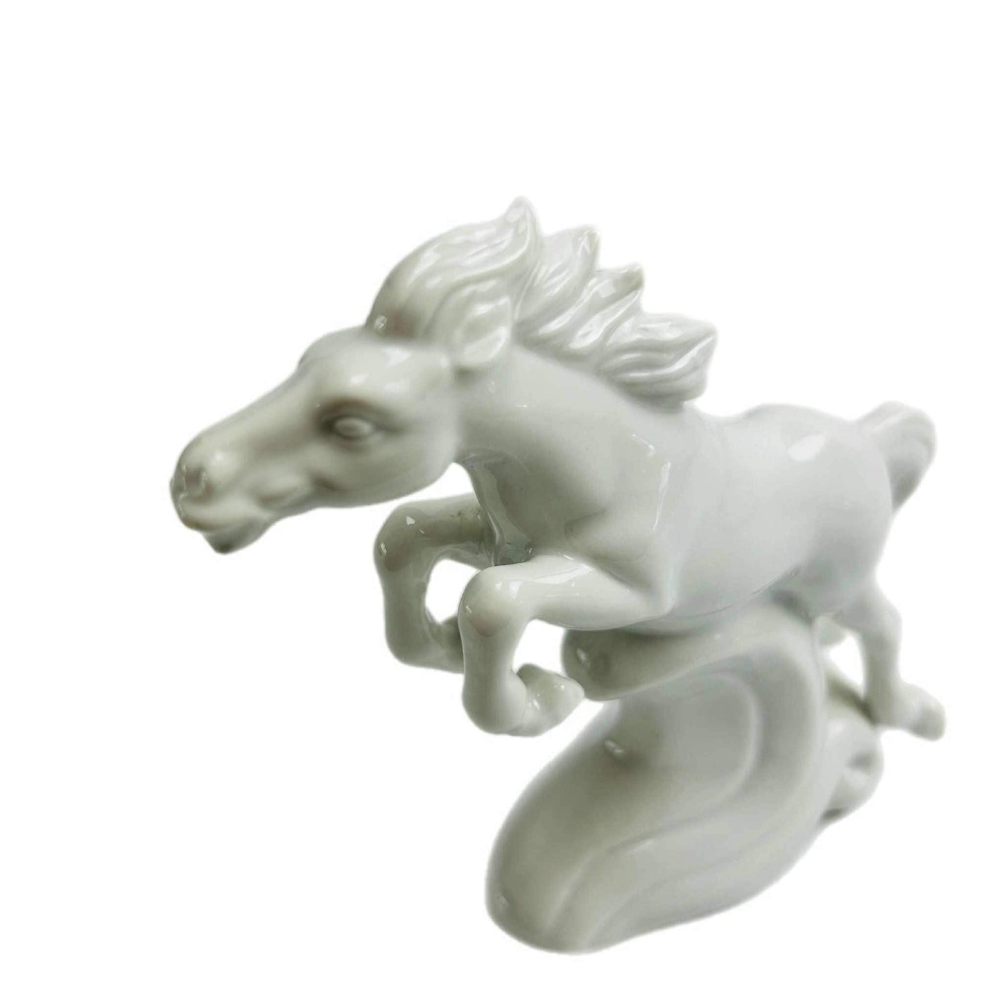 Vintage White Ceramic Horse Figurine – Glossy Glaze Jumping Horse Over Wave – 13 cm Collectible