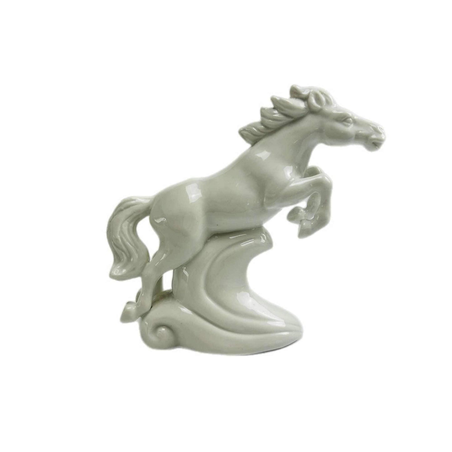 Vintage White Ceramic Horse Figurine – Glossy Glaze Jumping Horse Over Wave – 13 cm Collectible