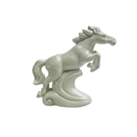 Vintage White Ceramic Horse Figurine – Glossy Glaze Jumping Horse Over Wave – 13 cm Collectible