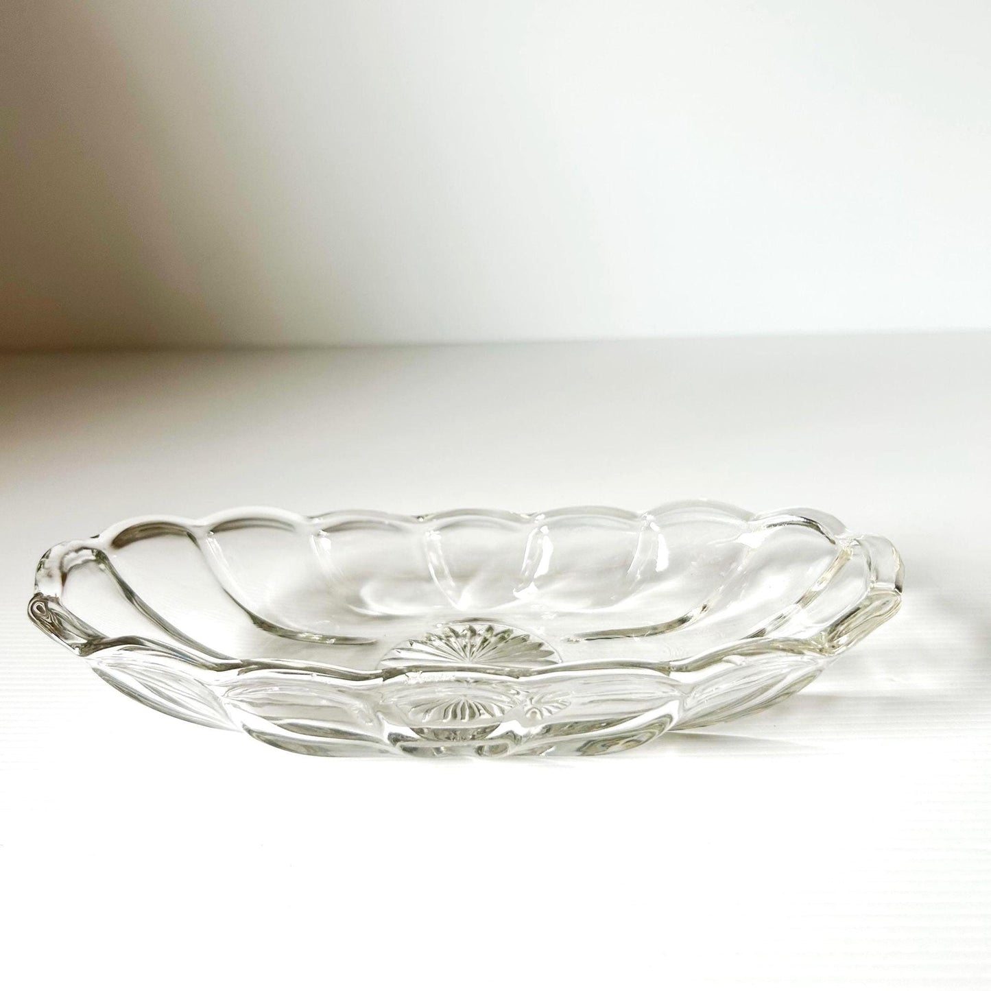 Vintage Clear Glass Relish Dish: Starburst Scalloped Serving Dish