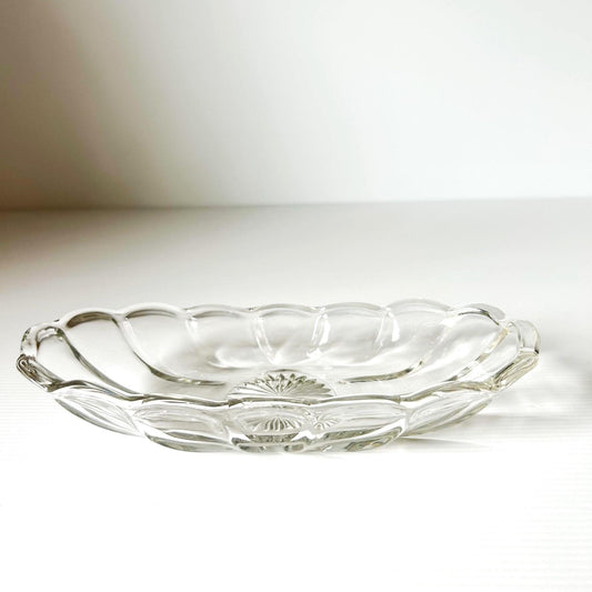 Vintage Clear Glass Relish Dish: Starburst Scalloped Serving Dish