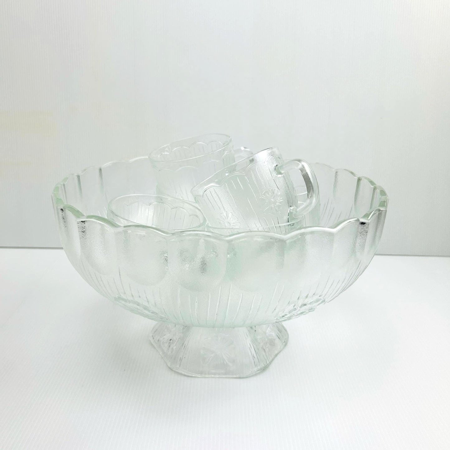 Vintage Italian Glass Punch Bowl Set, A. Masserini Floral Etched, Mid-Century Modern