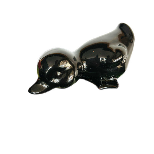Vintage Black Ceramic Duck Figurine: Glossy Shelf Sitter Decor