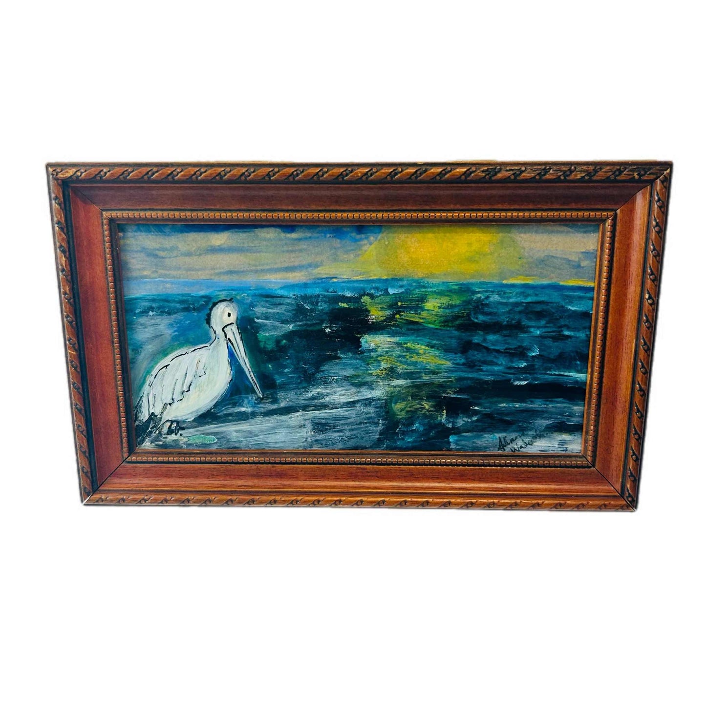 Pelican Coastal Painting: Original Acrylic & Watercolour Seascape in Upcycled Frame