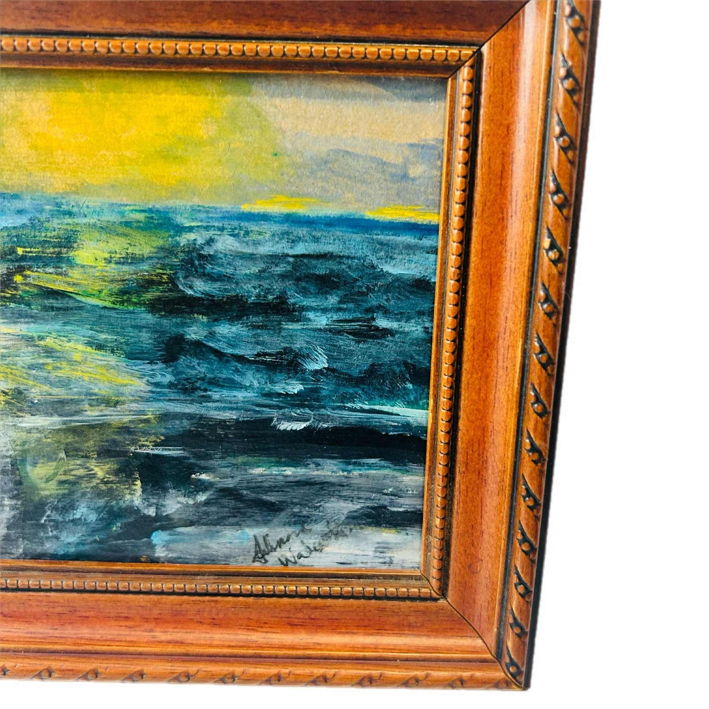 Pelican Coastal Painting: Original Acrylic & Watercolour Seascape in Upcycled Frame