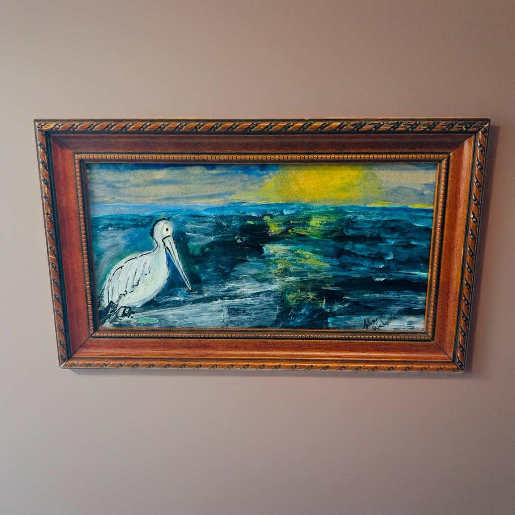 Pelican Coastal Painting: Original Acrylic & Watercolour Seascape in Upcycled Frame
