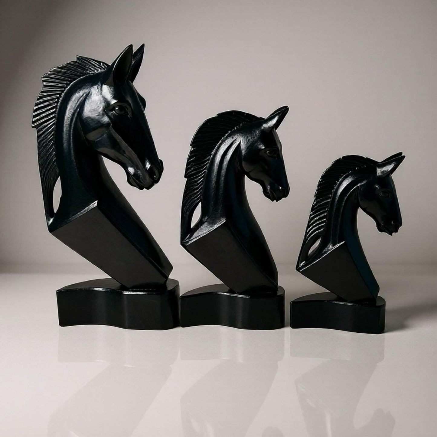 Upcycled Gloss Black Horse Head Statue, Solid Wood Equestrian Decor