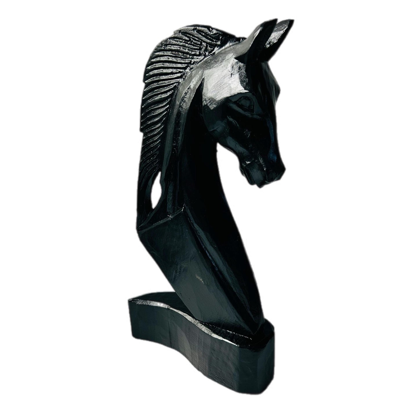 Upcycled Gloss Black Horse Head Statue, Solid Wood Equestrian Decor