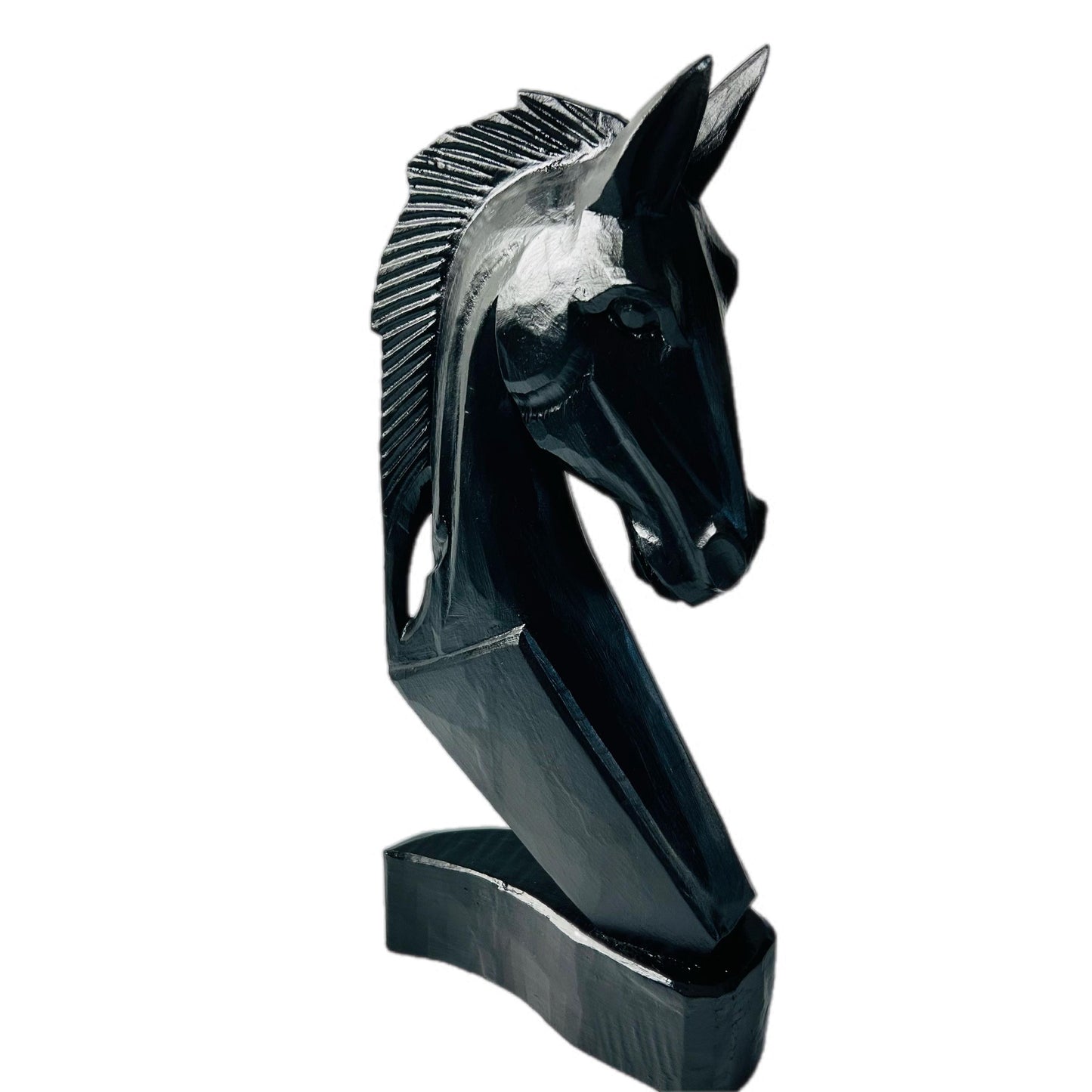 Upcycled Gloss Black Horse Head Statue, Solid Wood Equestrian Decor