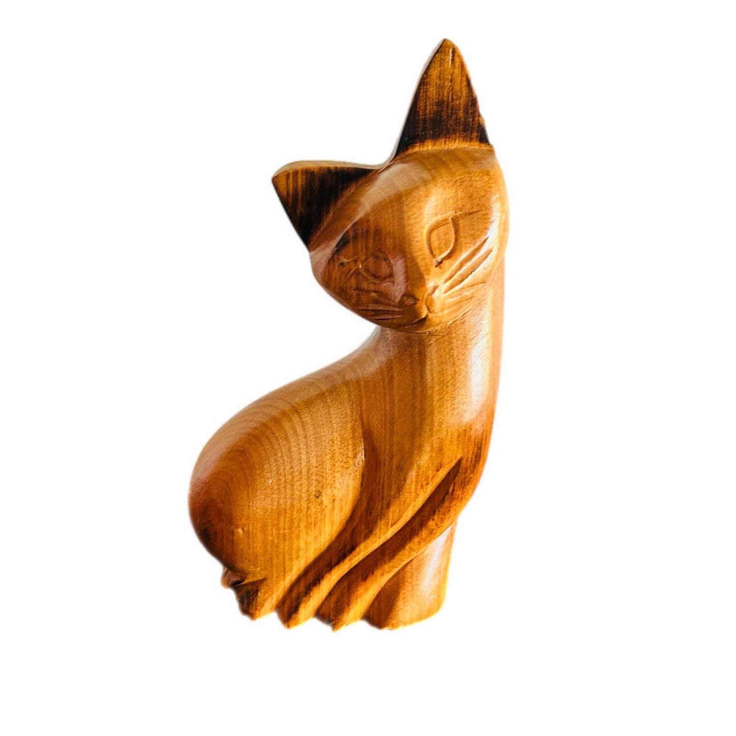 Hand-Carved Wooden Cat Figurine: Minimalist Home Decor (21cm)