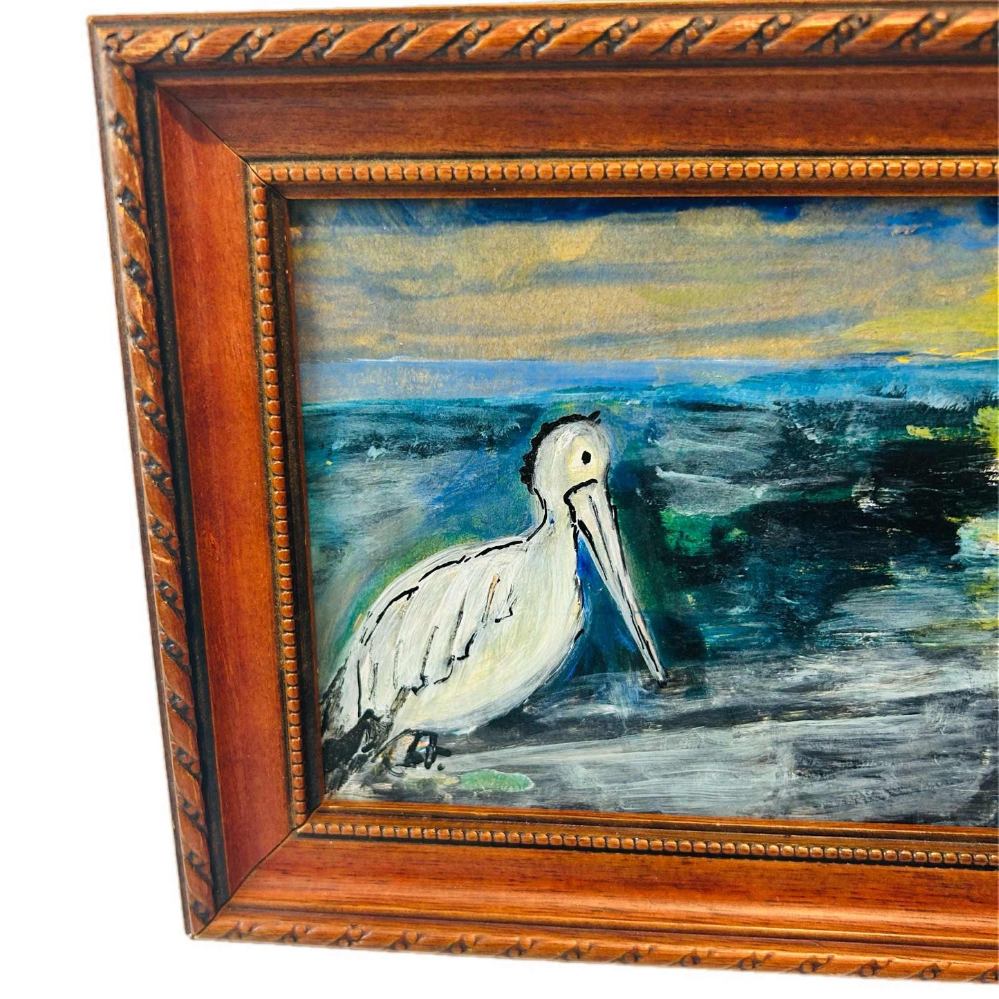 Pelican Coastal Painting: Original Acrylic & Watercolour Seascape in Upcycled Frame