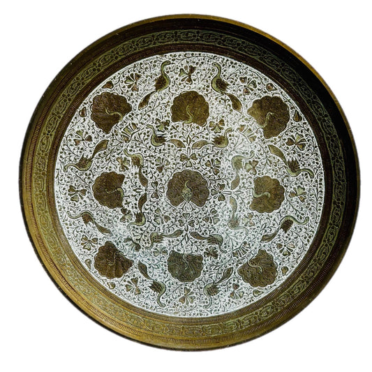 Vintage Brass Peacock Plate, Embossed Floral Art, Boho Wall Decor
