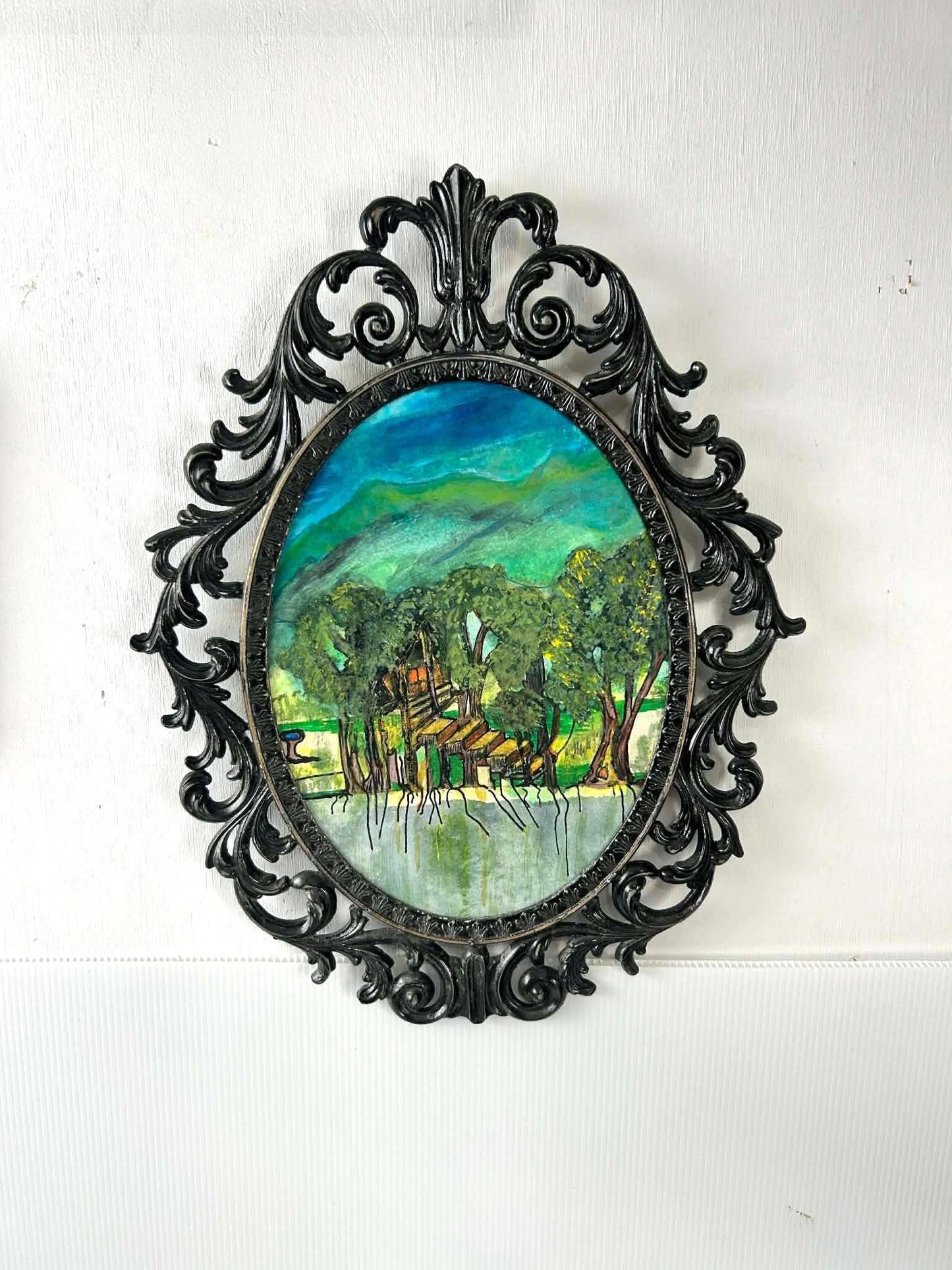The Tree House - Original Acrylic landscape in Upcycled Vintage Black Metal Frame.