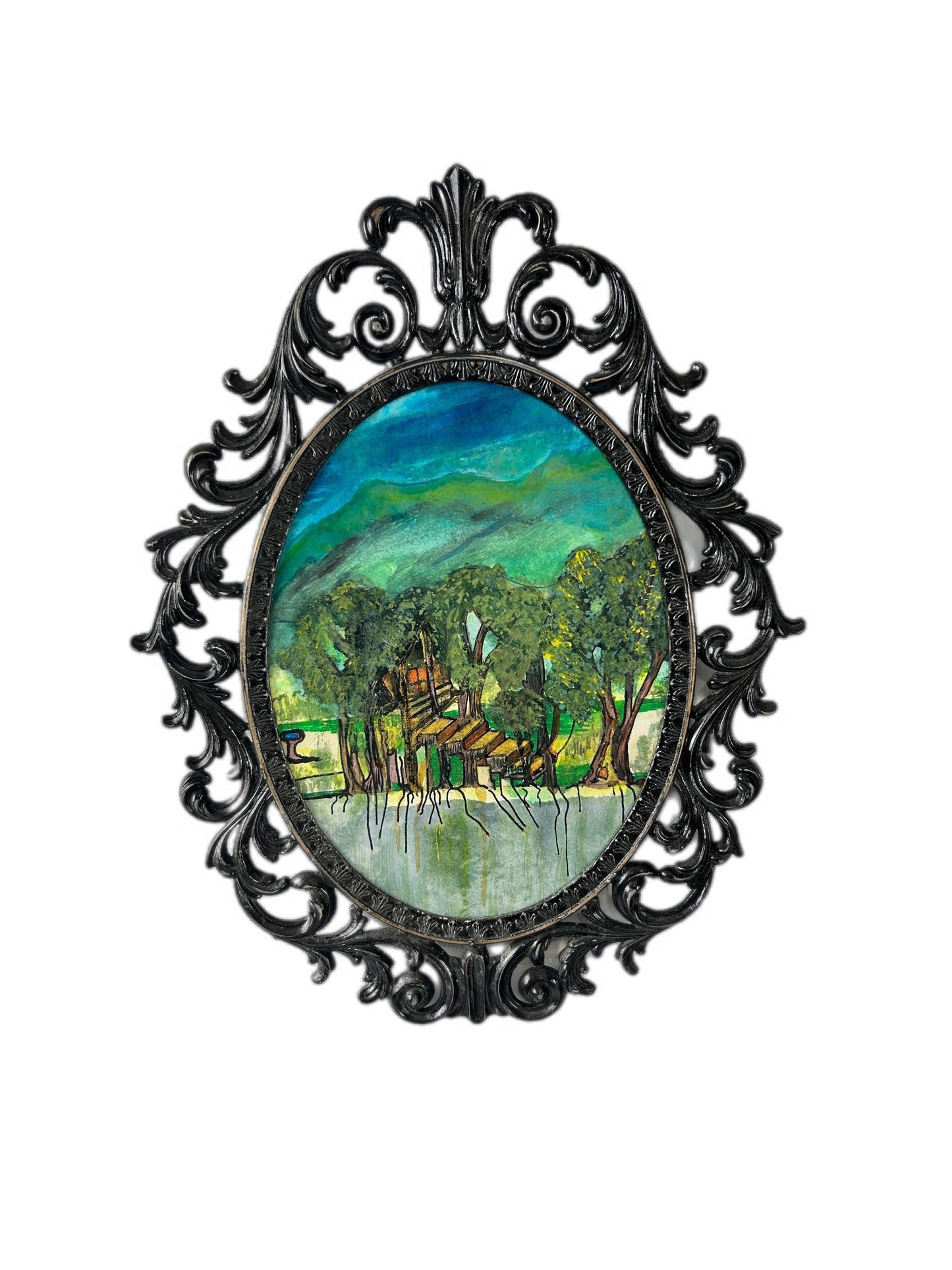 The Tree House - Original Acrylic landscape in Upcycled Vintage Black Metal Frame.