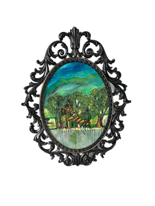 The Tree House - Original Acrylic landscape in Upcycled Vintage Black Metal Frame.