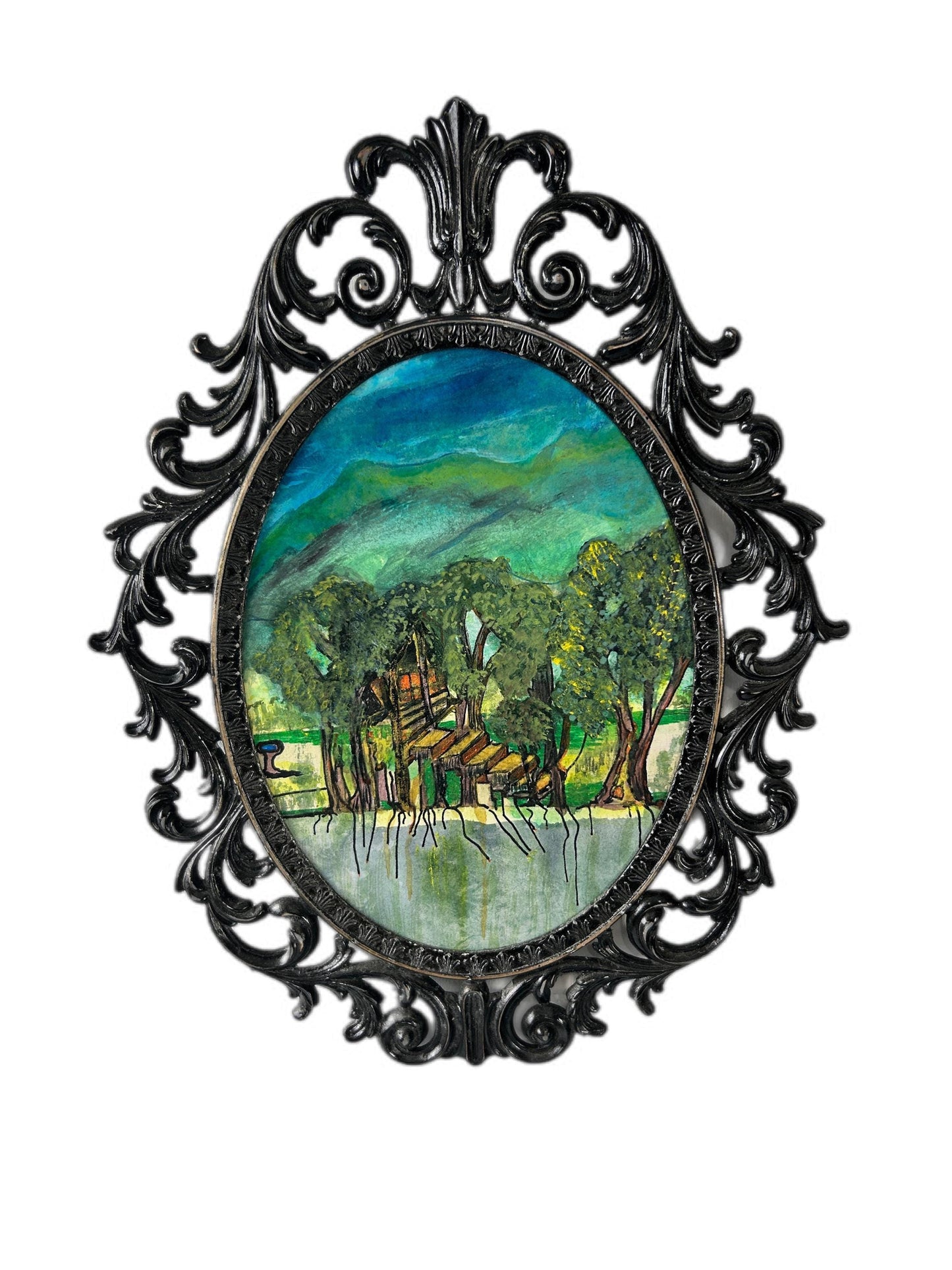 The Tree House - Original Acrylic landscape in Upcycled Vintage Black Metal Frame.
