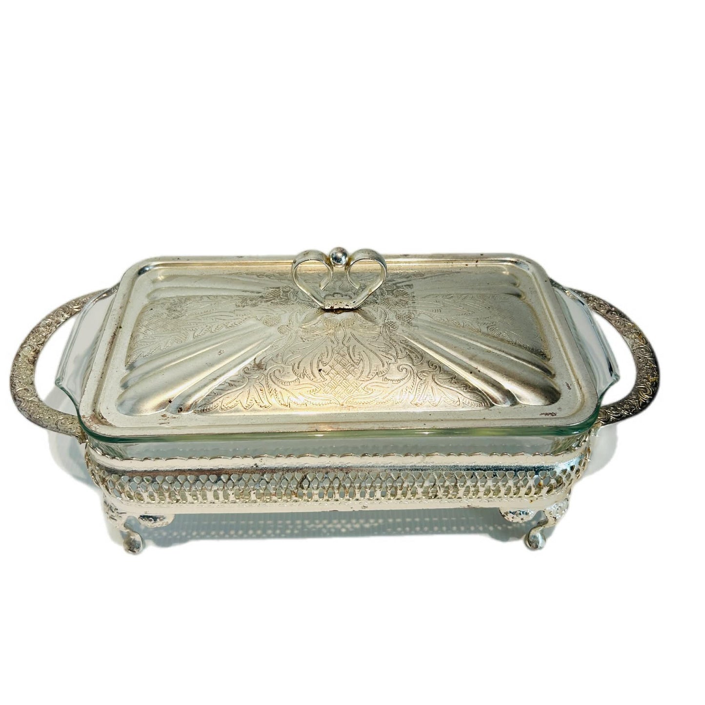 Vintage Fire-King Casserole – Anchor Hocking Glass Dish with Ornate Silver-Tone Caddy