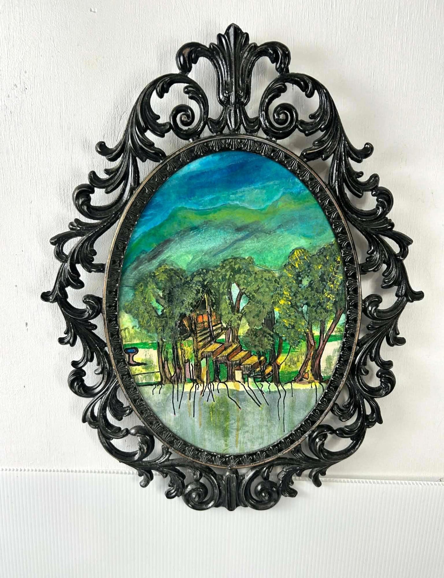 The Tree House - Original Acrylic landscape in Upcycled Vintage Black Metal Frame.