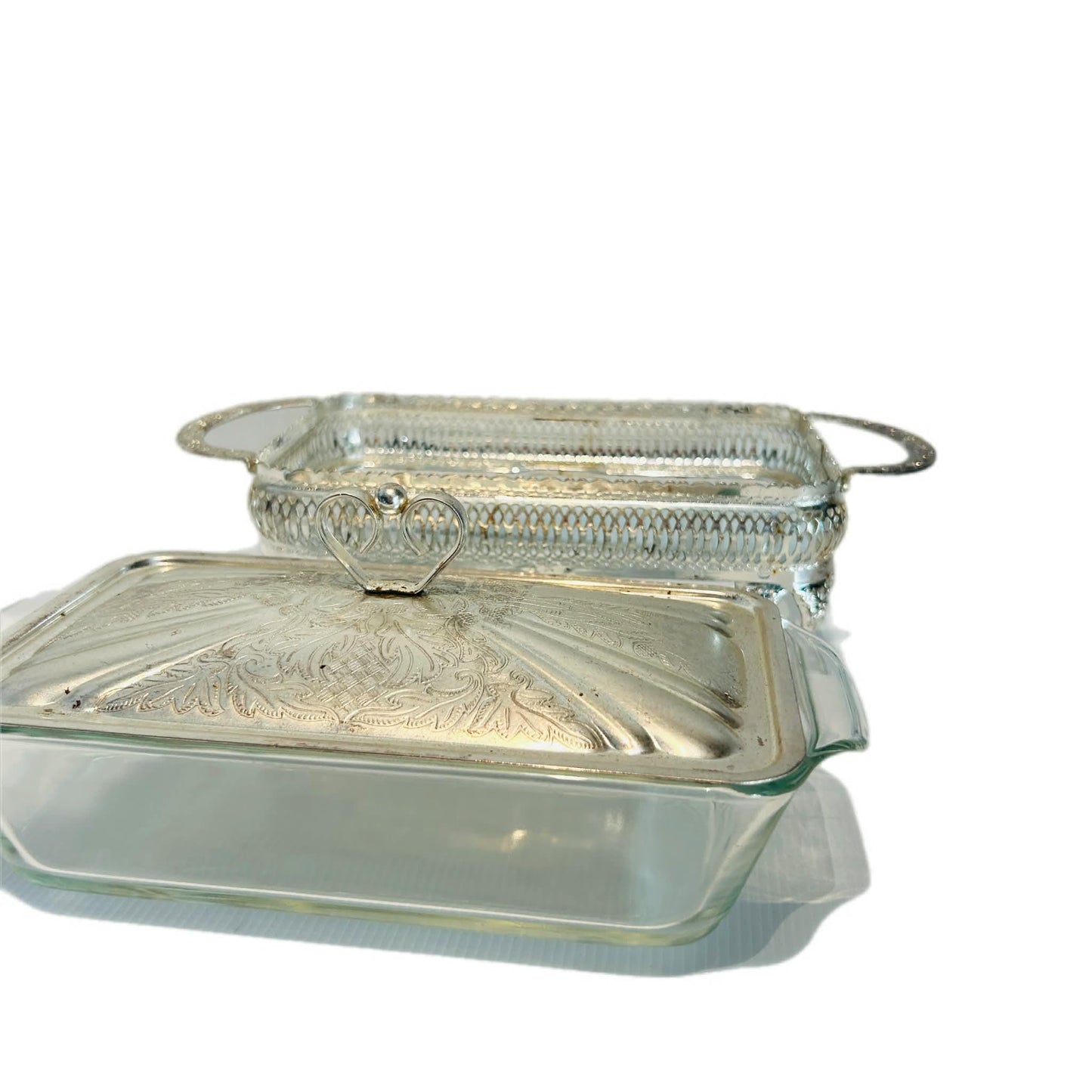 Vintage Fire-King Casserole – Anchor Hocking Glass Dish with Ornate Silver-Tone Caddy