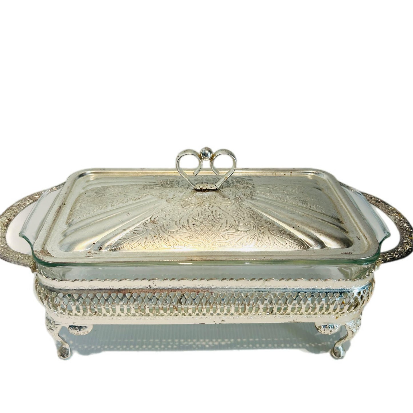 Vintage Fire-King Casserole – Anchor Hocking Glass Dish with Ornate Silver-Tone Caddy