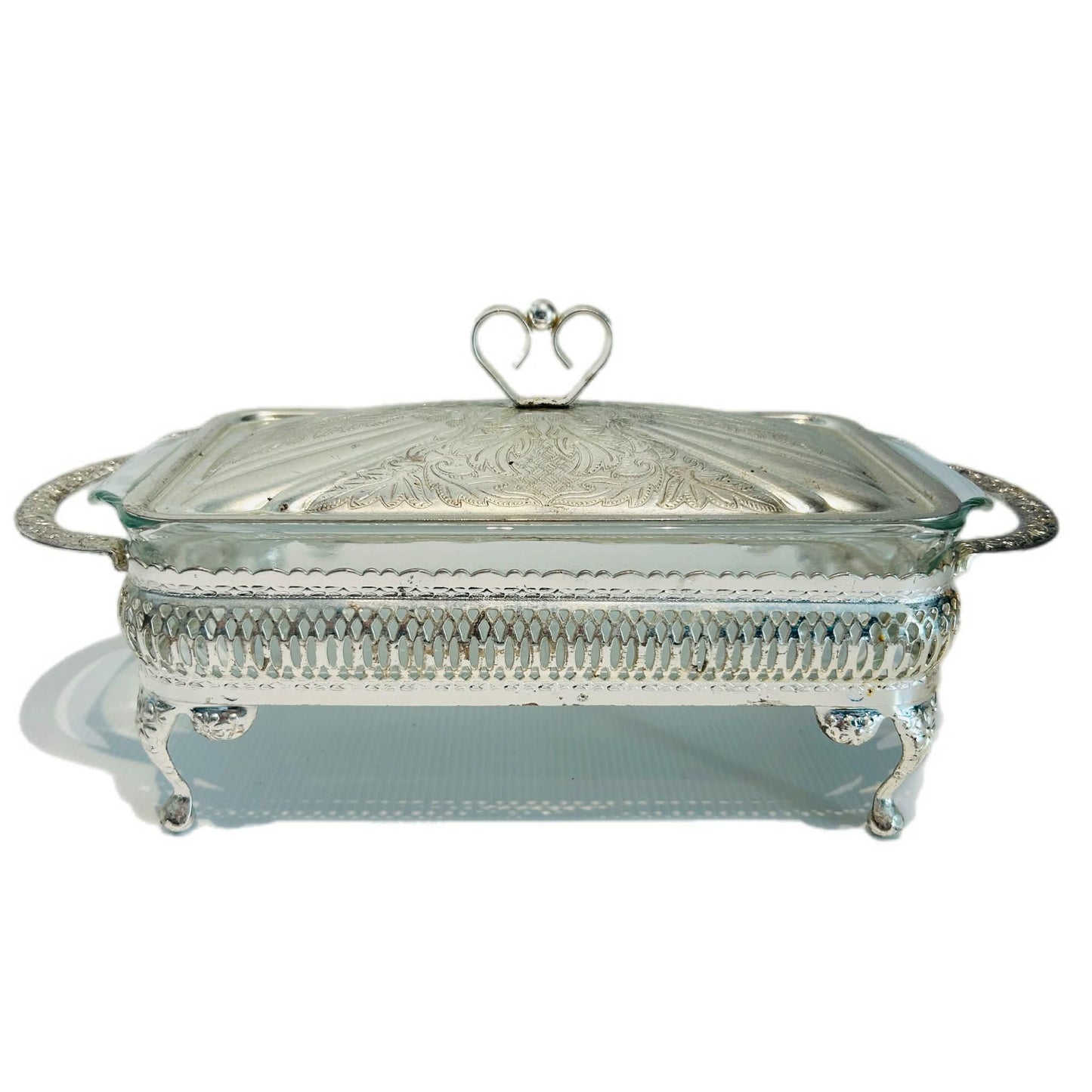 Vintage Fire-King Casserole – Anchor Hocking Glass Dish with Ornate Silver-Tone Caddy