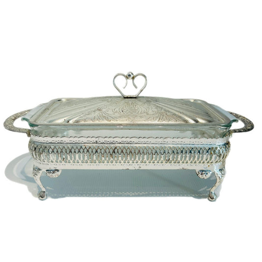 Vintage Fire-King Casserole – Anchor Hocking Glass Dish with Ornate Silver-Tone Caddy
