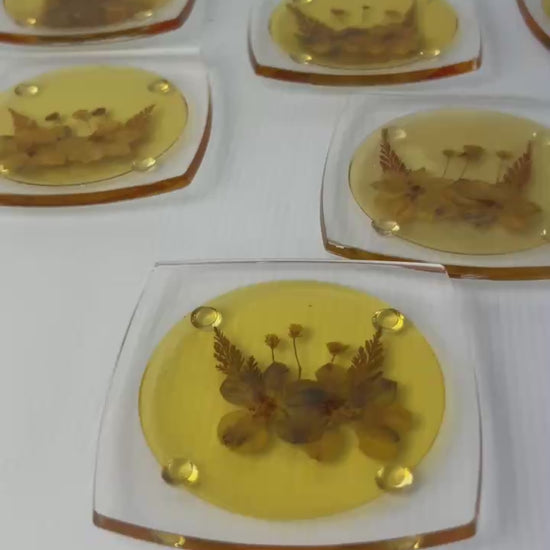 Vintage 1970s Pressed Flower Resin Coasters Set of 6 Yellow Acrylic Boho Cottage Decor Retro Tableware