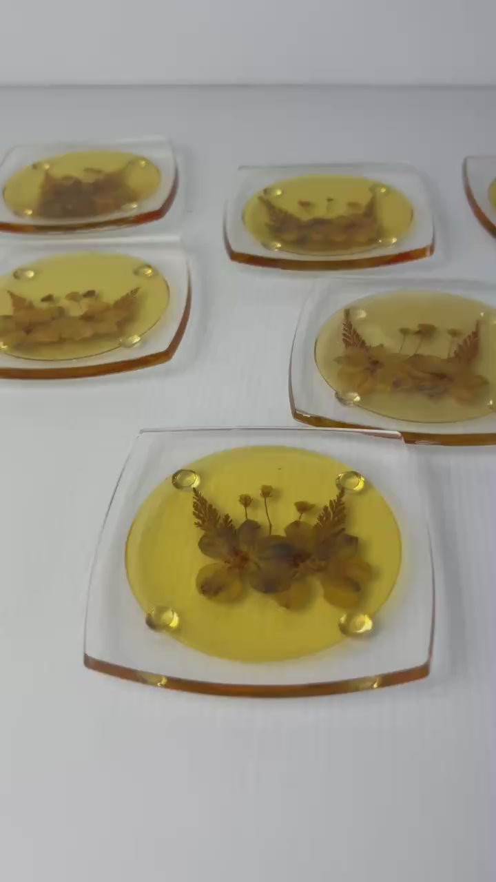 Vintage 1970s Pressed Flower Resin Coasters Set of 6 Yellow Acrylic Boho Cottage Decor Retro Tableware